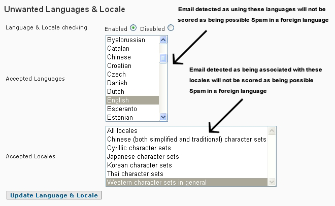 SpamWall Advanced Settings Languages & Locales