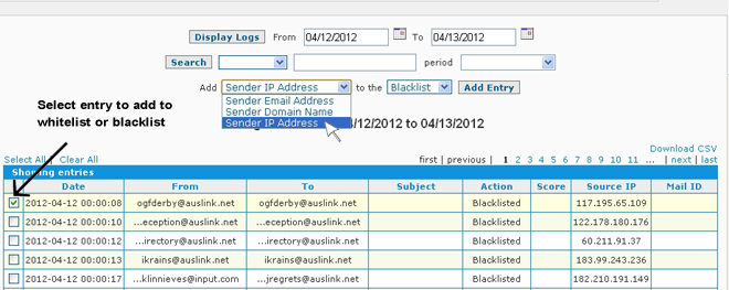 SpamWall Mail Log Viewer Add Blacklist